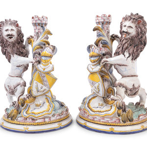 A Pair of French Faience Lion Ornaments
19th