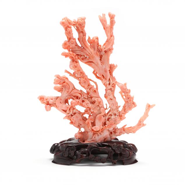 A CORAL CARVING OF BIRDS FLOWERS  348cb8