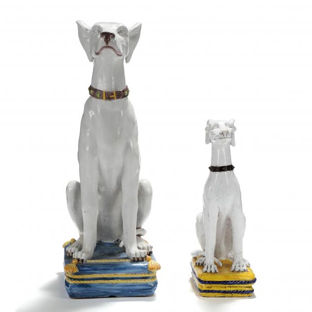 TWO LARGE ITALIAN FAIENCE HOUNDS 348d0d