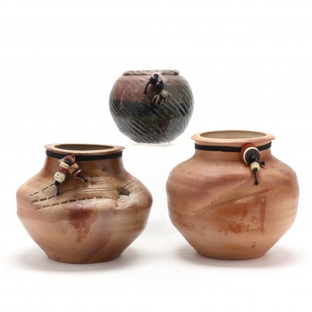 THREE FROG POND POTTERY VASES,