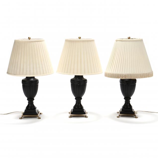 THREE NEOCLASSICAL STYLE URN TABLE LAMPS,