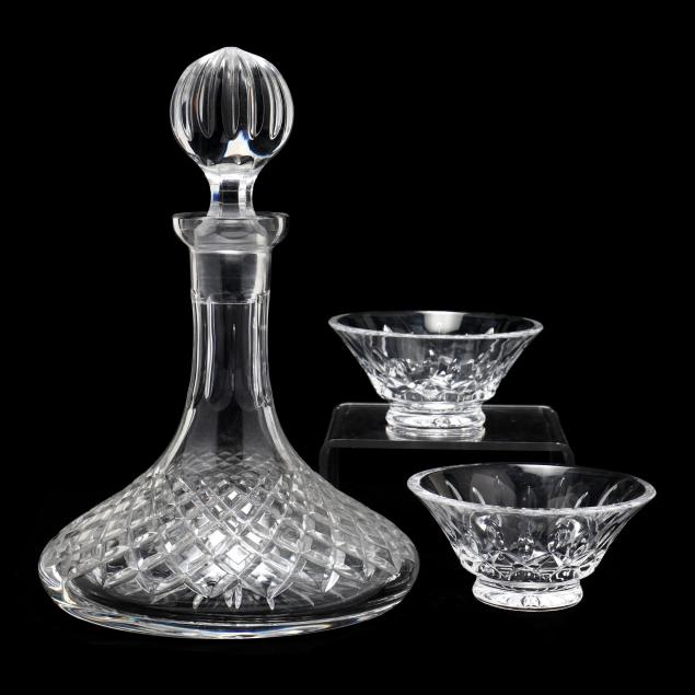 CRYSTAL SHIP'S DECANTER AND BOWLS