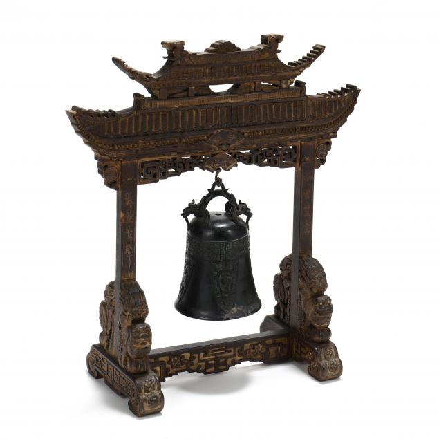 AN ASIAN BRONZE BELL AND CARVED 34b901