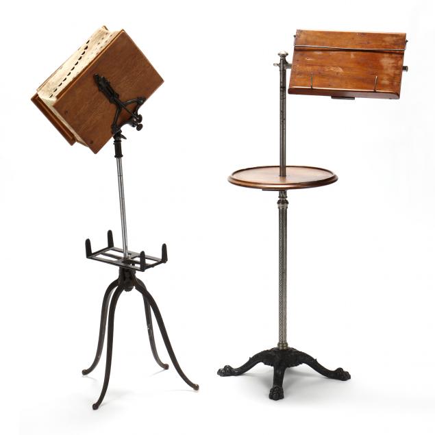 TWO INDUSTRIAL BOOK STANDS Late