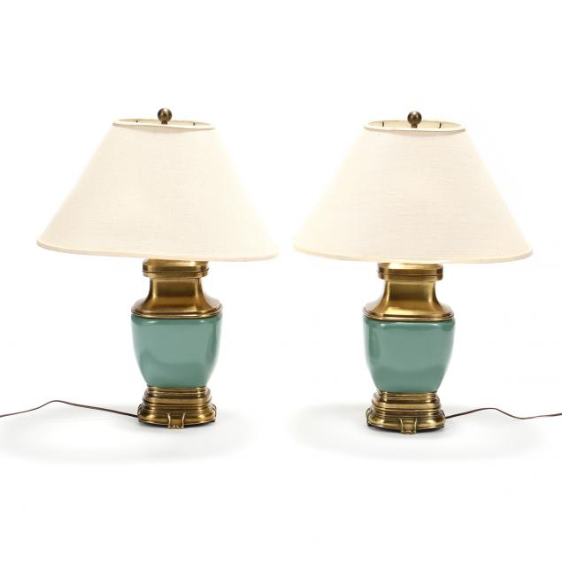 CHAPMAN, PAIR OF CELADON AND BRASS