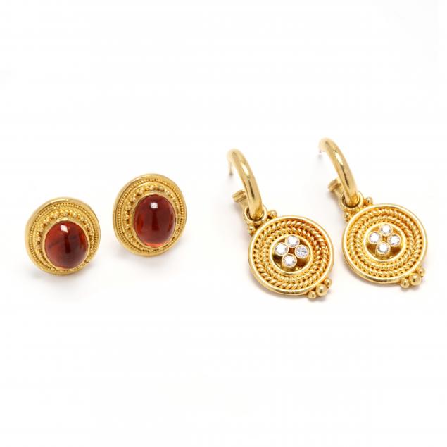 TWO PAIRS OF 22KT GOLD AND GEM-SET