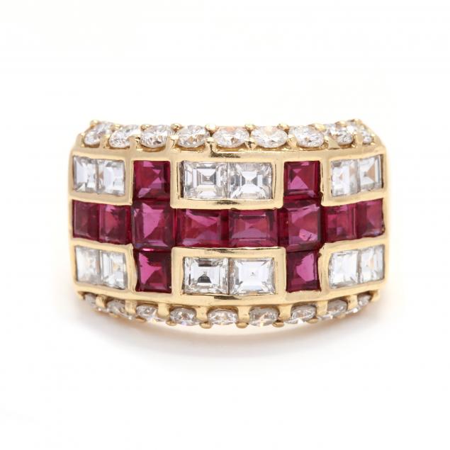 18KT GOLD, RUBY, AND DIAMOND RING The