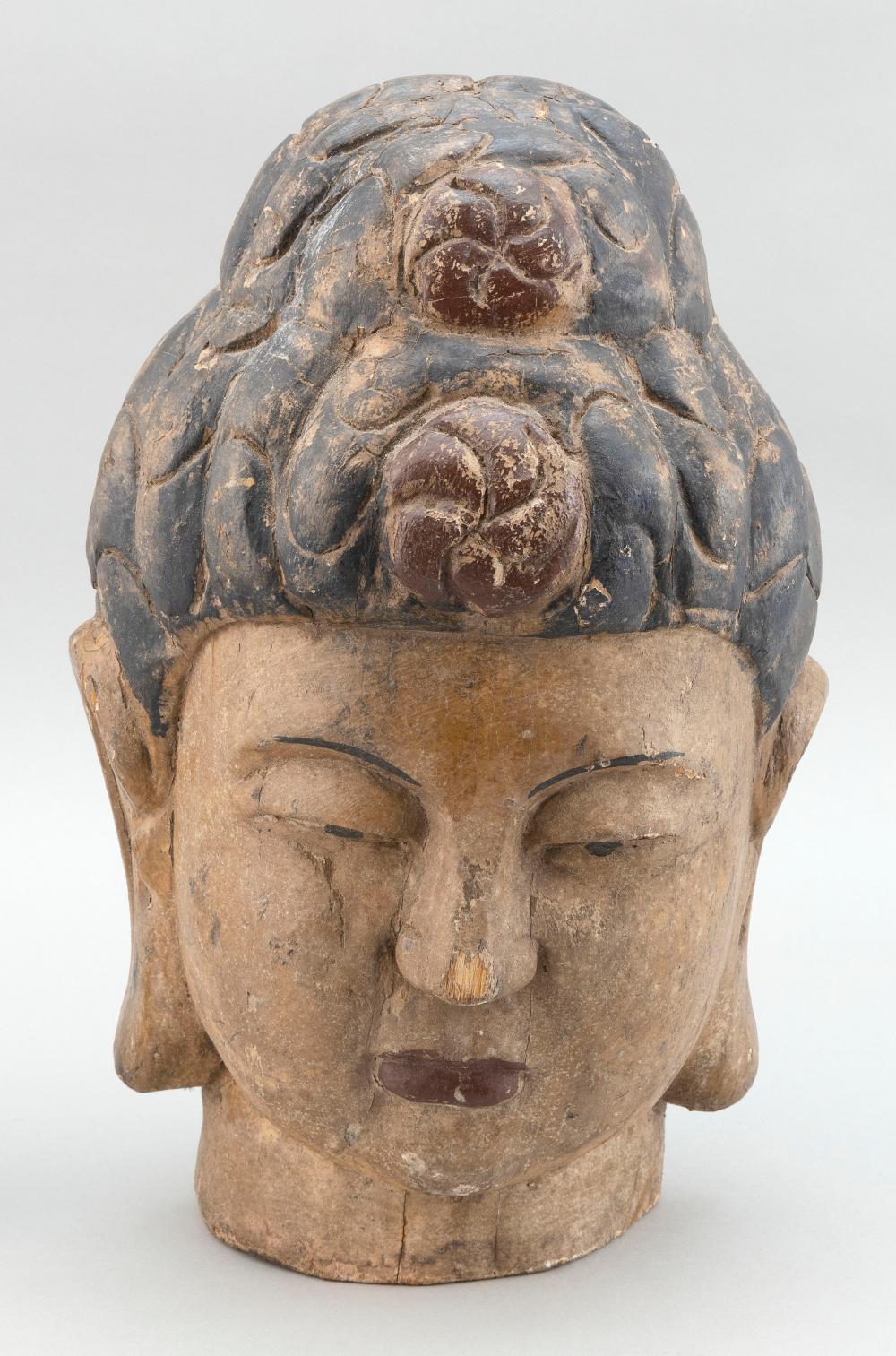 CARVED WOODEN BUDDHA'S HEAD 20TH