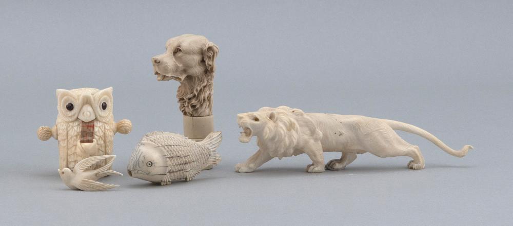 FIVE CARVED BONE OR IVORY ANIMALS 19TH