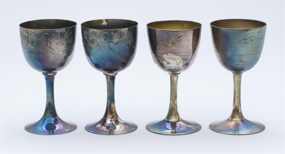 FOUR JAPANESE SILVER WINE CUPS 20TH