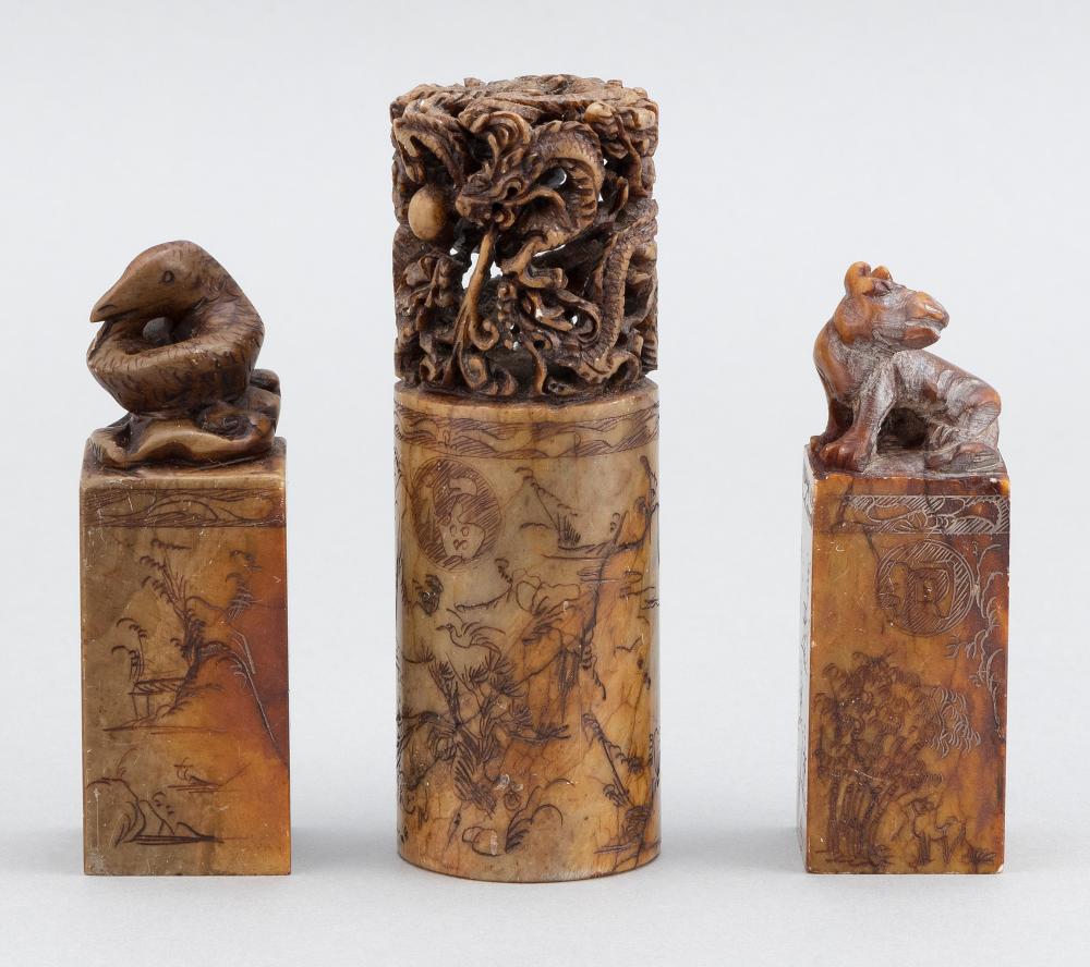 THREE CHINESE UNCUT CARVED SOAPSTONE