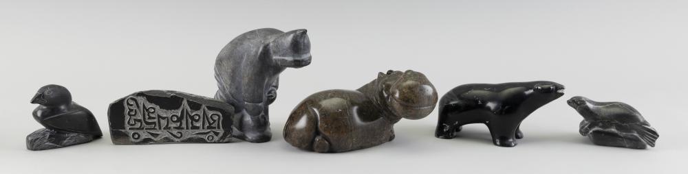 SIX ASSORTED SOAPSTONE CARVINGS, THREE