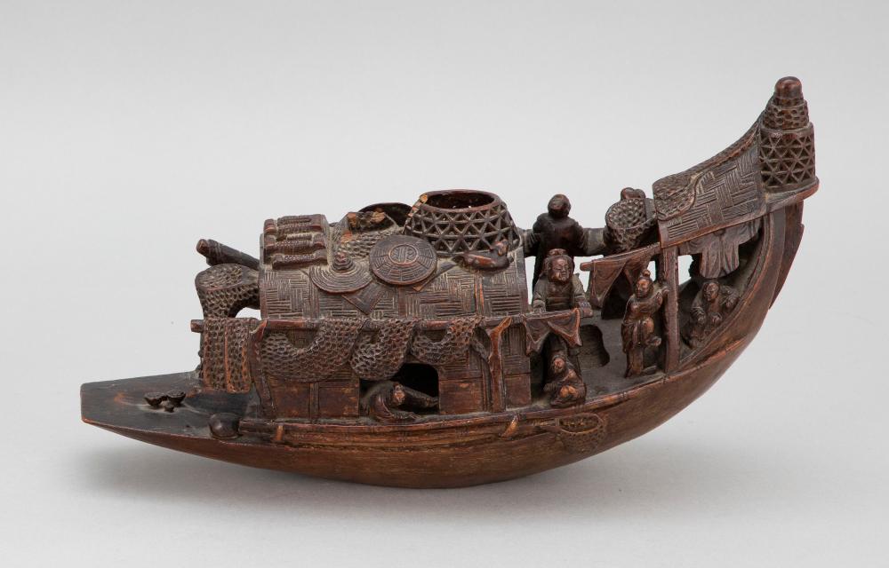 CHINESE CARVED WOOD FISHING BOAT