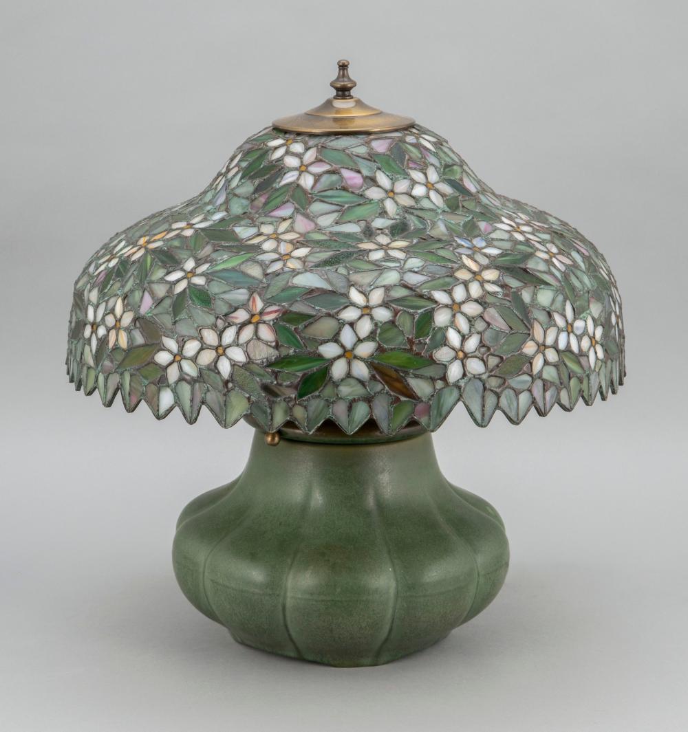 TABLE LAMP WITH LEADED GLASS SHADE ATTRIBUTED