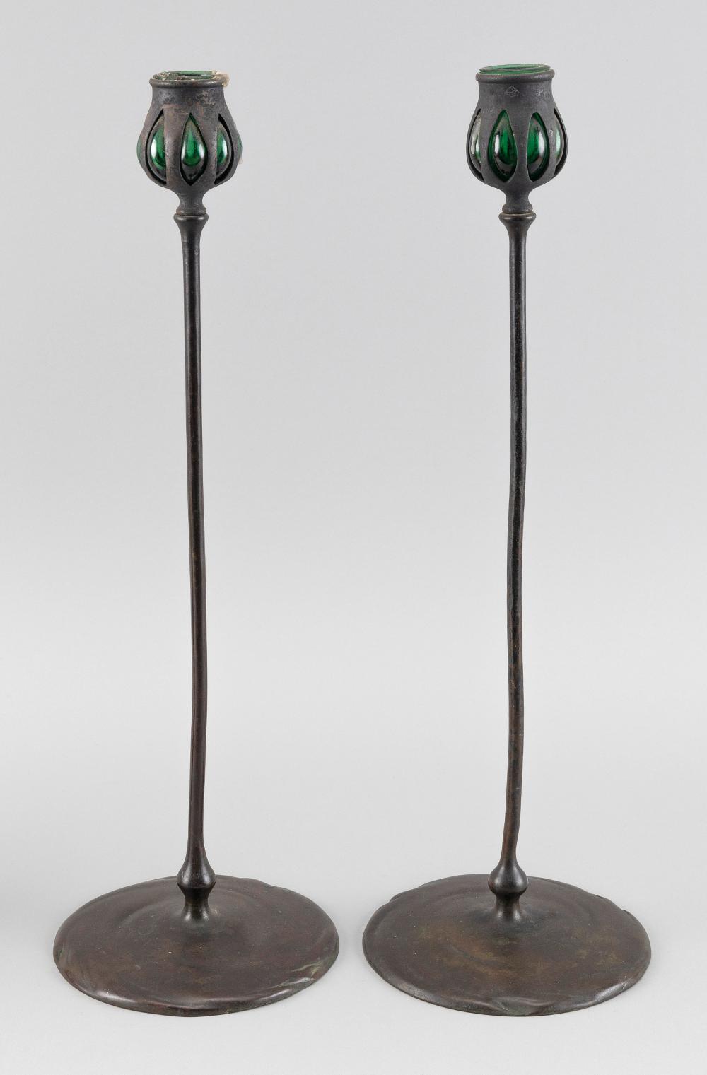 PAIR OF TIFFANY STUDIOS BRONZE AND GLASS