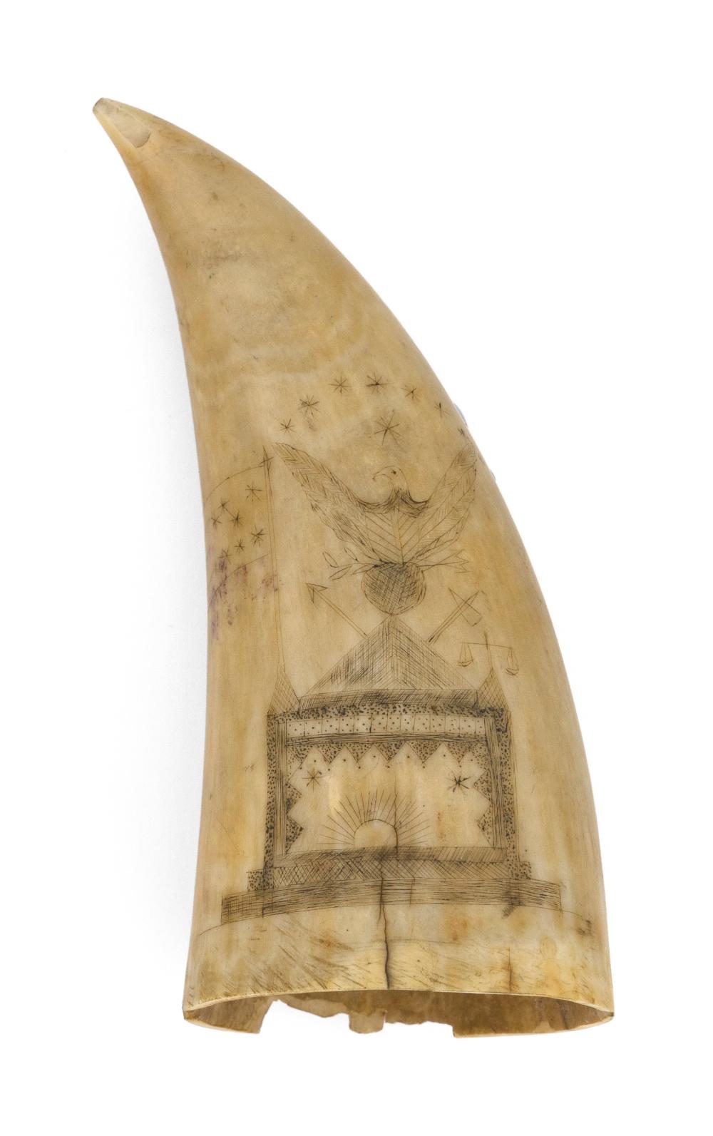 SCRIMSHAW WHALE'S TOOTH WITH MASONIC