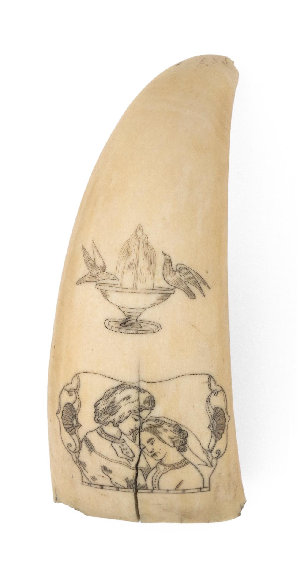 SCRIMSHAW WHALES TOOTH WITH ROMANTIC