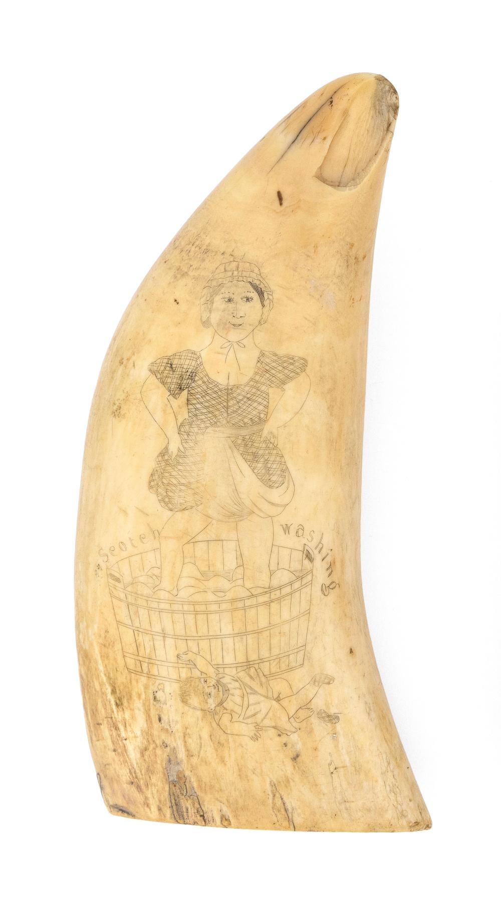 SCRIMSHAW WHALE'S TOOTH WITH DOMESTIC