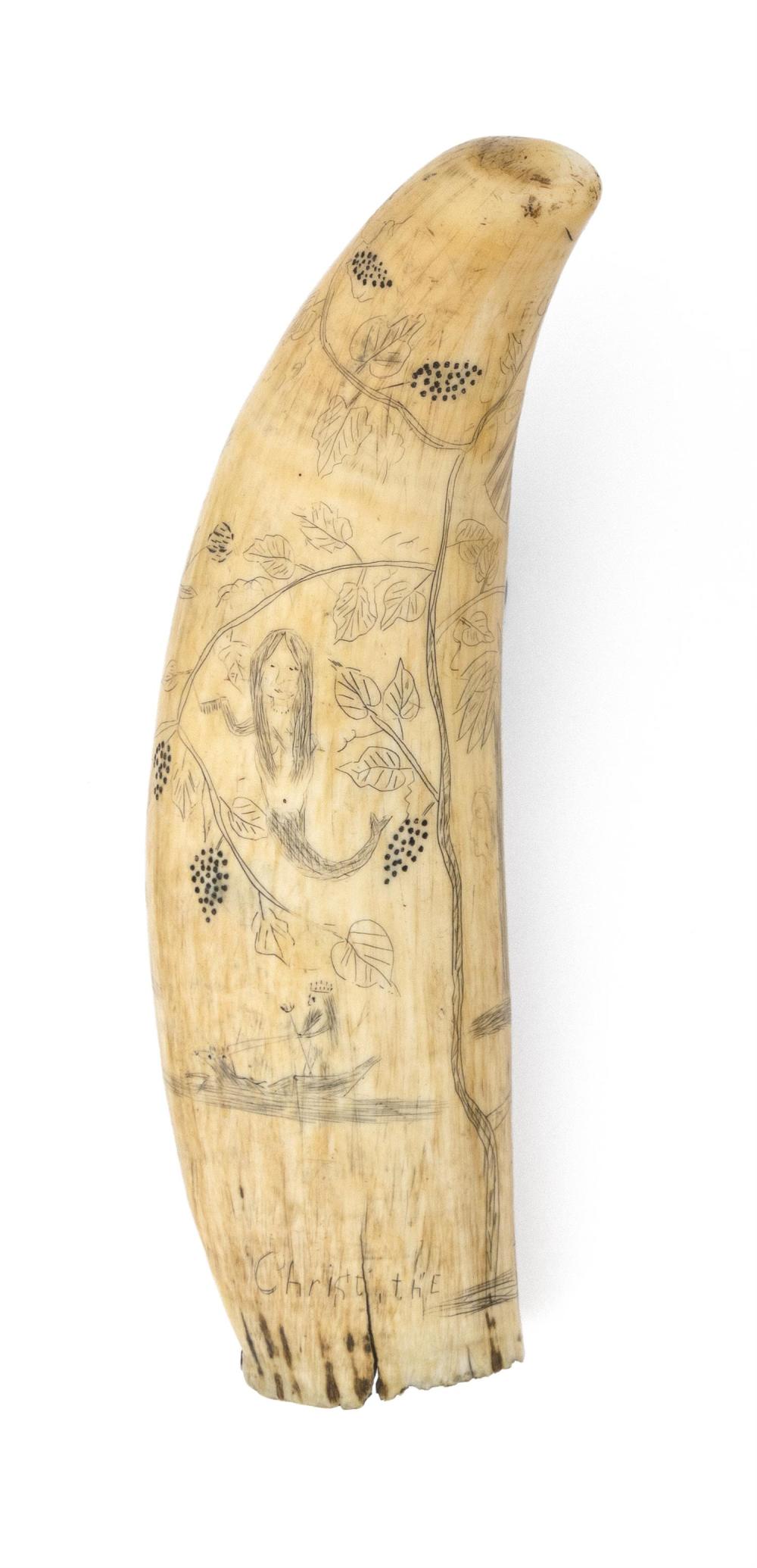SCRIMSHAW WHALE'S TOOTH WITH ALLEGORICAL