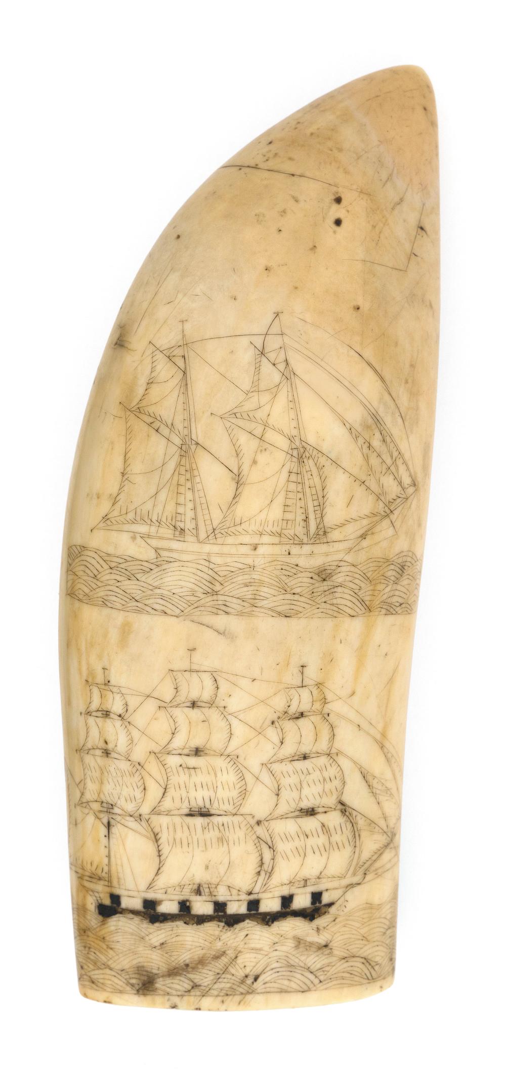 SCRIMSHAW WHALE S TOOTH WITH THREE 34c675