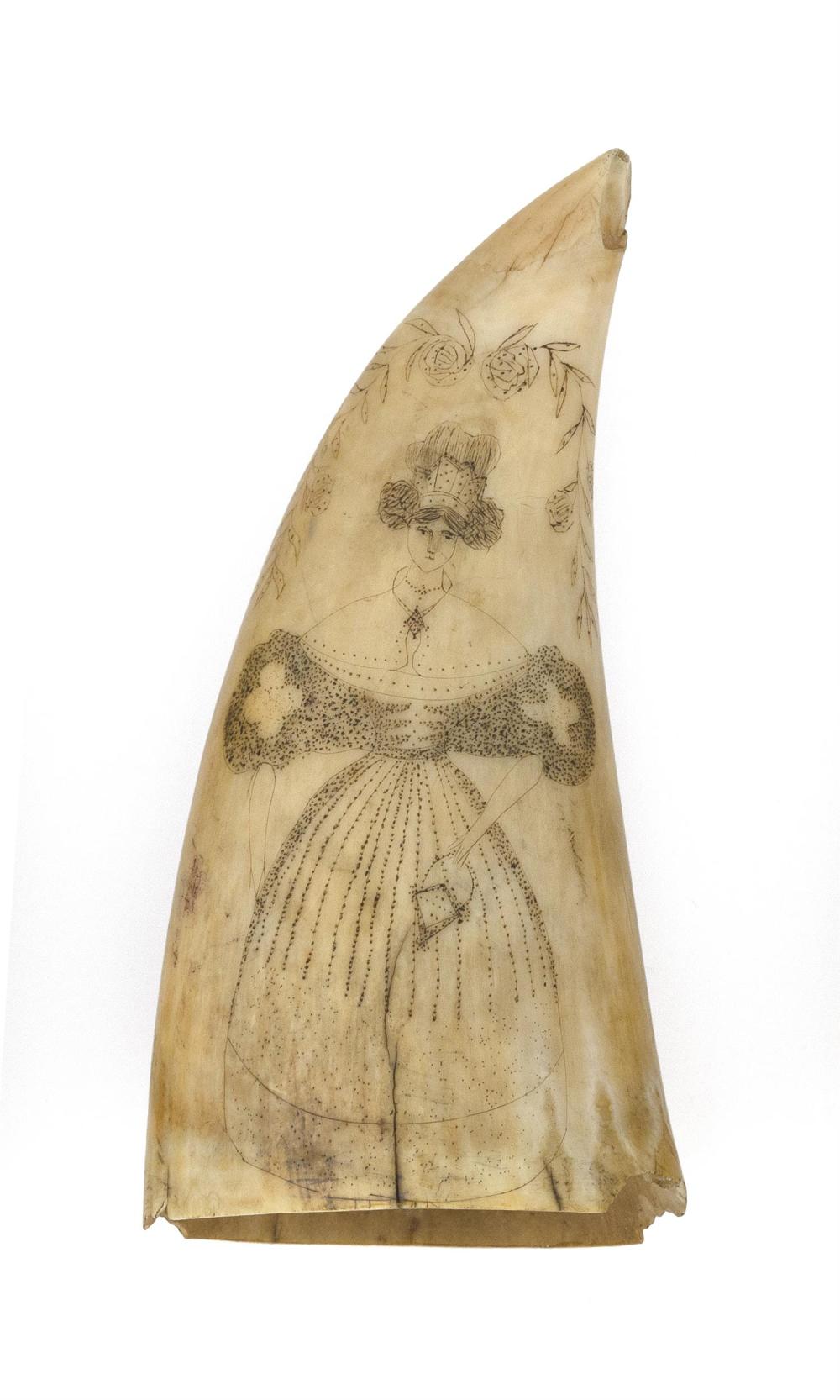 SCRIMSHAW WHALE S TOOTH WITH FIGURAL 34c677