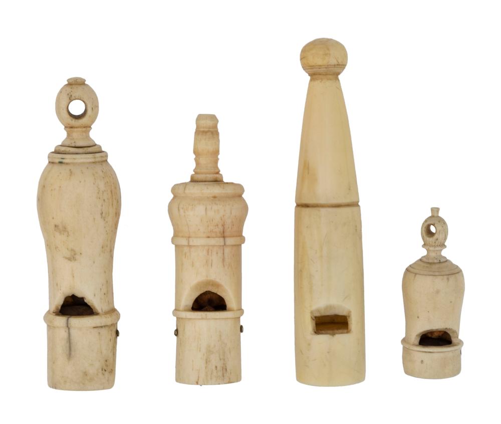 FOUR BONE AND IVORY WHISTLES 19TH