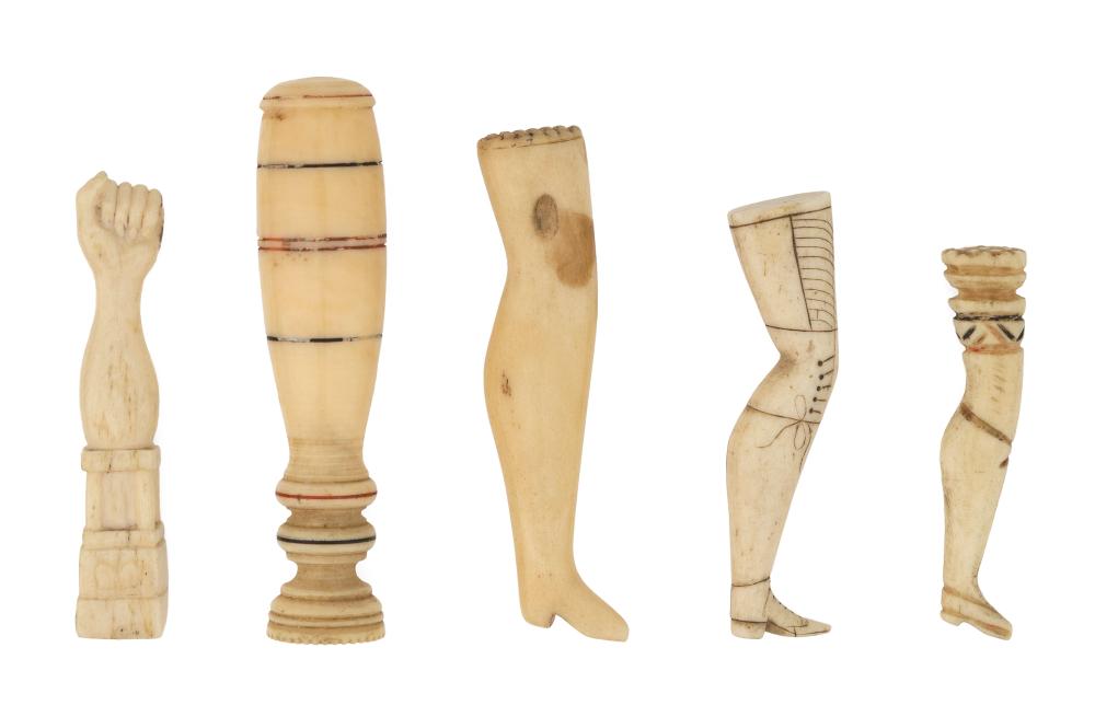 FIVE IVORY AND BONE SEALS OR PIPE 34c696