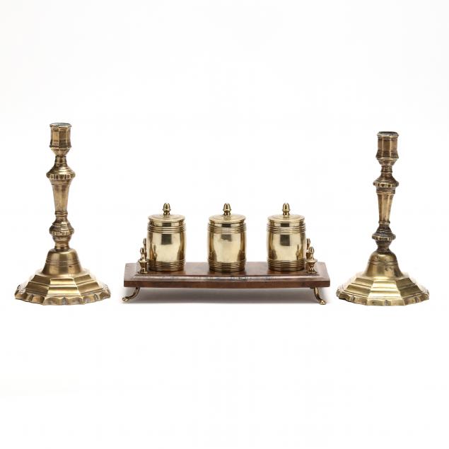 ANTIQUE ENGLISH BRASS CANDLESTICKS AND