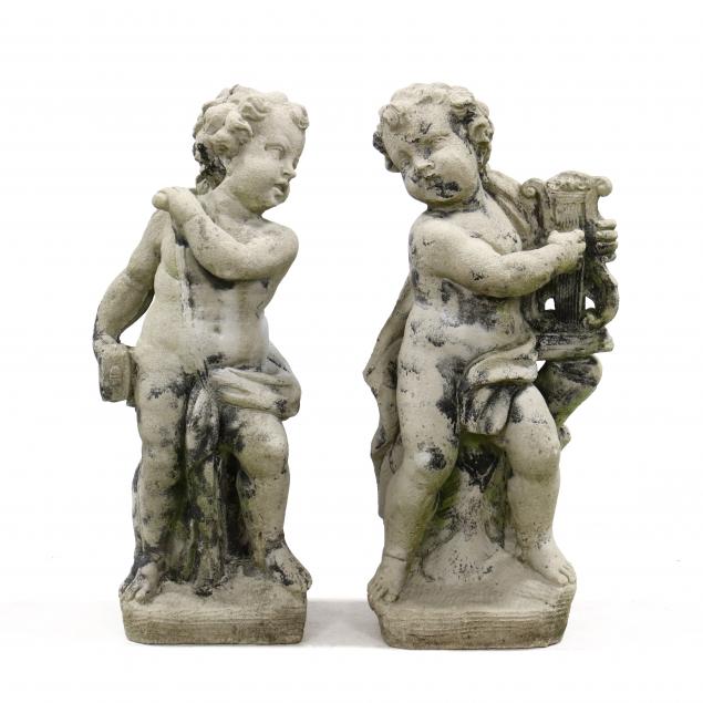 TWO CAST STONE GARDEN PUTTI  20th