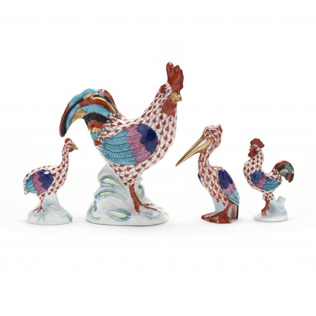 FOUR HEREND PORCELAIN FOWL Rust fishnet,