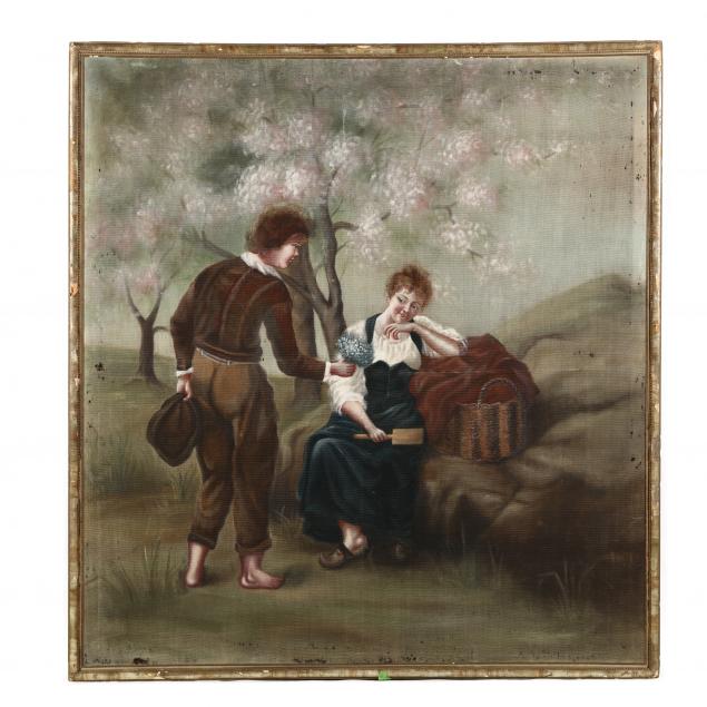 A LARGE PAINTED TAPESTRY OF A COURTING