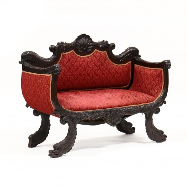 AMERICAN CARVED CLASSICAL MAHOGANY SETTEE