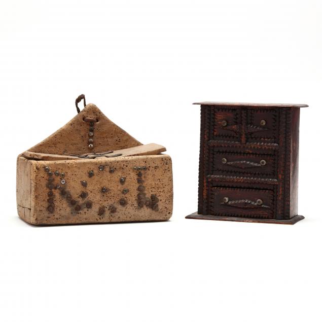 TRAMP ART WOODEN COIN BANK AND