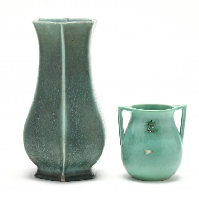 TWO PIECES OF GREEN GLAZED ROOKWOOD 34aa35