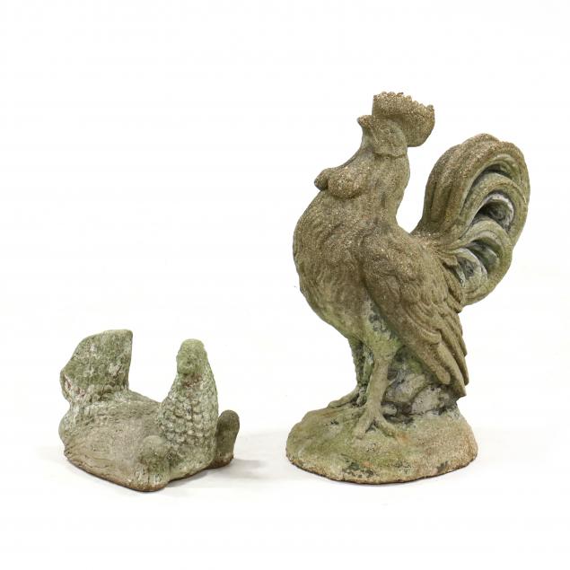 VINTAGE CAST STONE ROOSTER AND HEN 20th