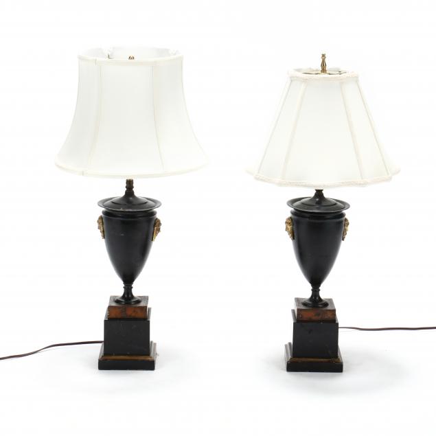 PAIR OF BLACK TOLE URN LAMPS Late