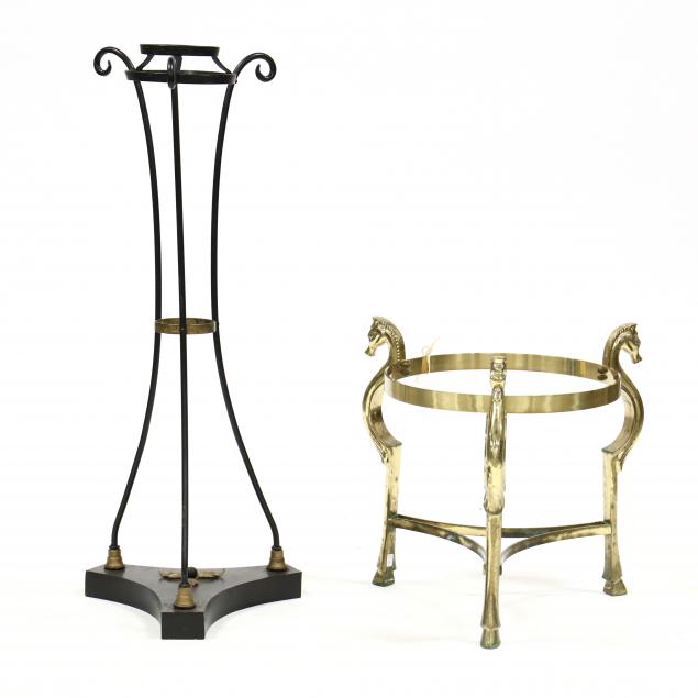 BRASS FIGURAL TABLE STAND AND TALL TOLE