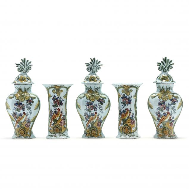 DUTCH DELFT FIVE PIECE MANTEL GARNITURE