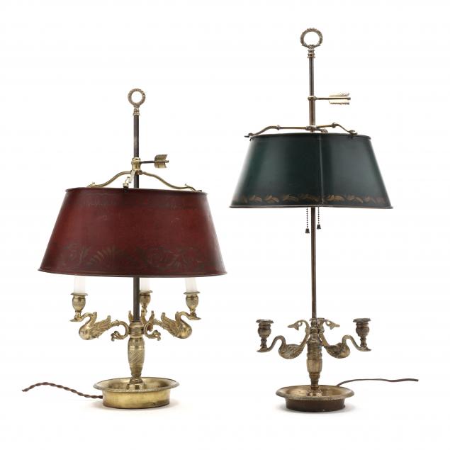 NEAR PAIR OF BRASS SWAN BOUILLOTTE LAMPS