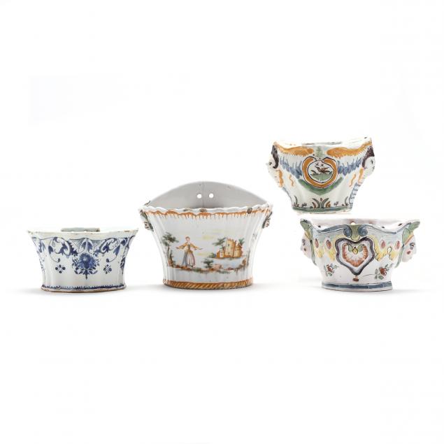 DUTCH DELFT FLOWER HOLDER AND THREE