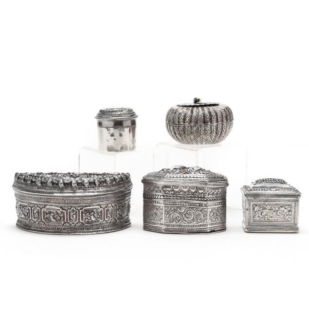 FIVE ANTIQUE ASIAN SILVER BOXES 34ae23