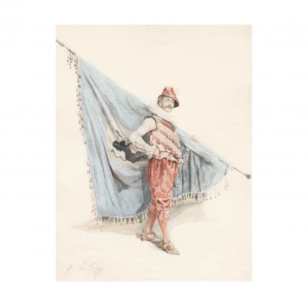 AN ANTIQUE WATERCOLOR OF A FLAG BEARER