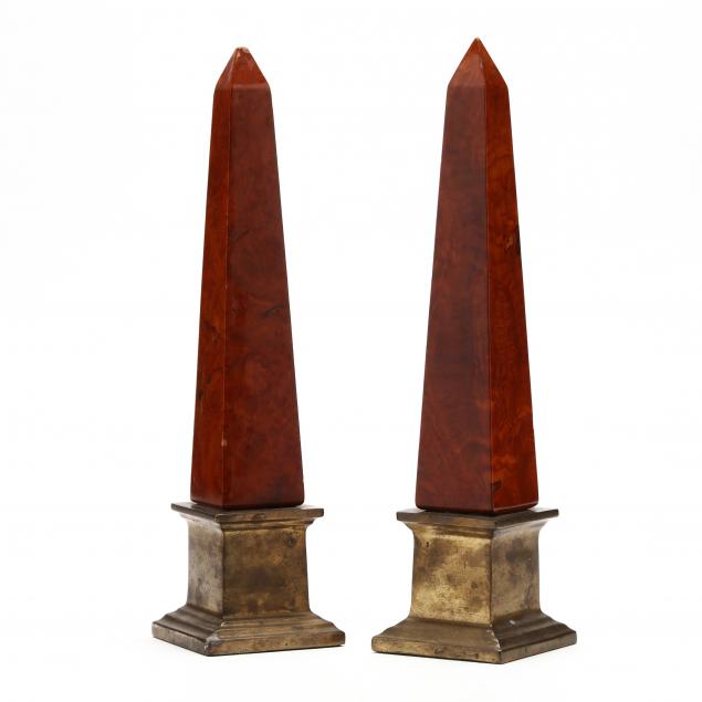 PAIR OF MAHOGANY AND BRASS OBELISKS