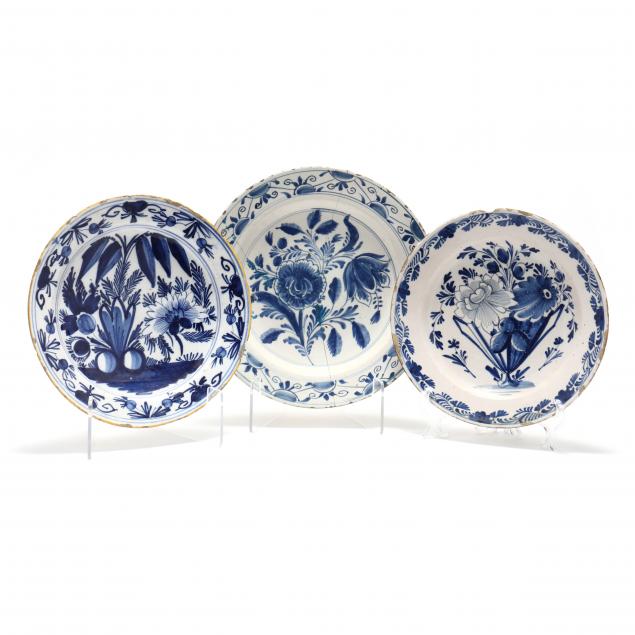 THREE DUTCH DELFT BLUE AND WHITE CHARGERS