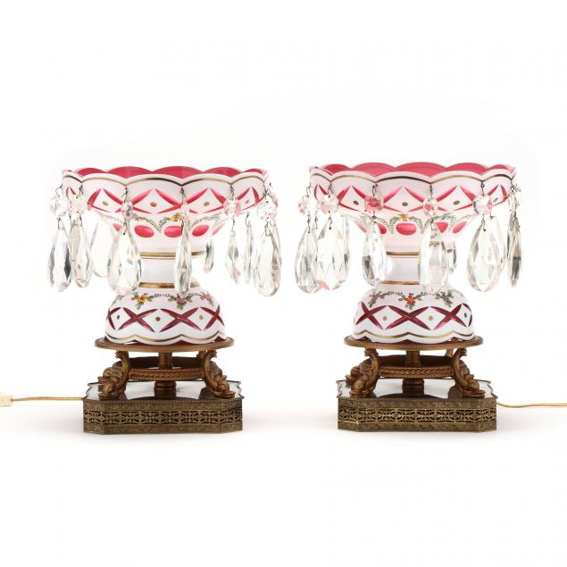 PAIR OF BOHEMIAN CUT-TO-CRANBERRY LIGHTED