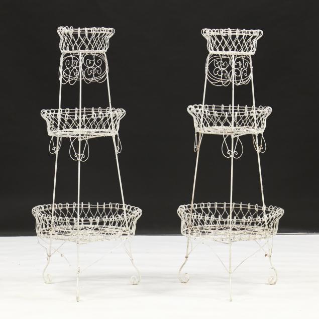 PAIR OF WIREWORK THREE-TIERED PLANTERS