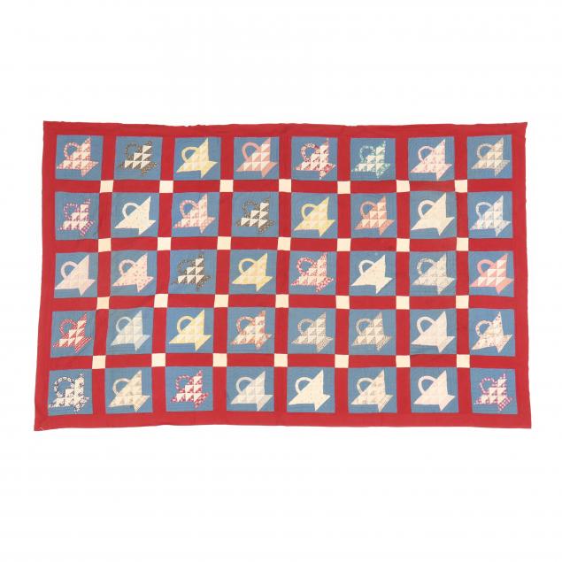 VINTAGE FLOWER BASKET QUILT Blue quilted