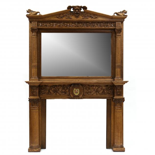 LARGE ANTIQUE CARVED OAK AND MIRRORED