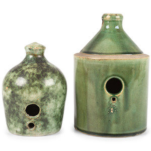 Two Stoneware Birdhouses in Green