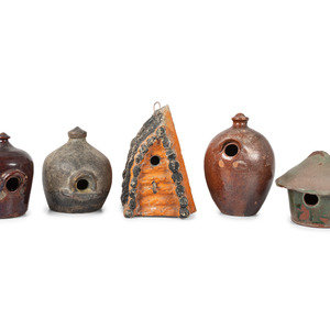 Five Redware and Stoneware Birdhouses one 34dc78